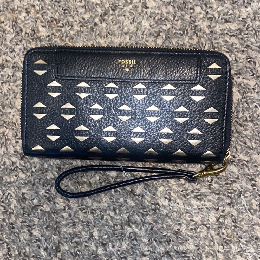 NWOT FOSSIL WALLET BLACK + GOLD WITH STRAP